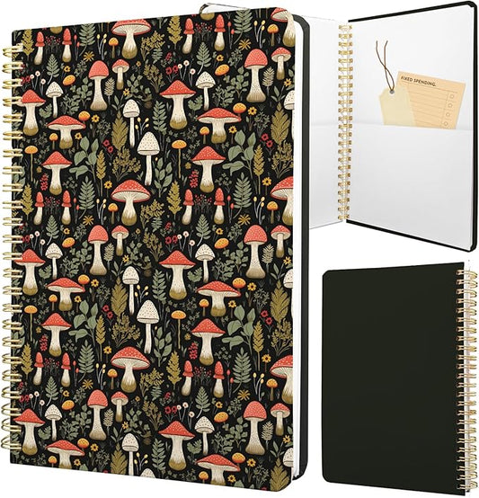 Cute Spiral Notebook journal A5 Aesthetic Pretty Floral Design for Women Girls Kawaii with Pocket, 8.5 x 5.7 inch, Mushroom