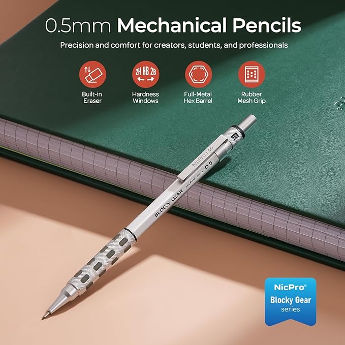 Nicpro Blocky Gear 0.5 mm Mechanical Pencil Set in Case, Metal Pencil with Lead Refills, Eraser for Professional & Adult Art Writing Drafting Drawing