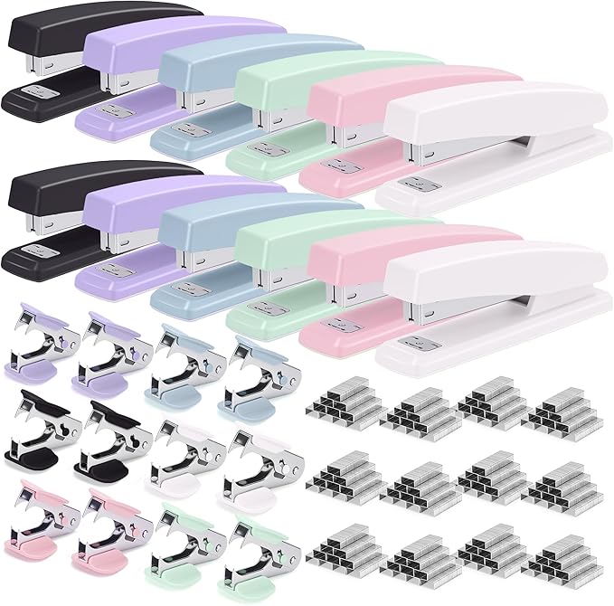 Deli Stapler, 12 Pack Staplers with 12000 Staples and 12 Staple Removers, Staplers for Desk, 25 Sheet Capacity, Assorted 6 Colors