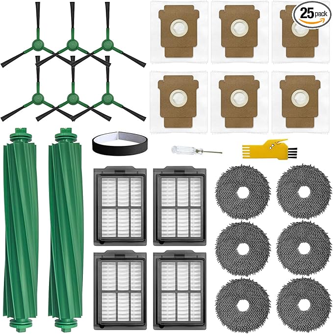 aoteng Replacement Parts for iRobot Roomba Plus 405 Combo / 505 Combo Robot Vacuum Cleaner 25 Packs 2 Main Brushes, 4 Filters, 6 Side Brushes, 6 Mop Cloths, 6 Bags, 1 Bumper Stripe