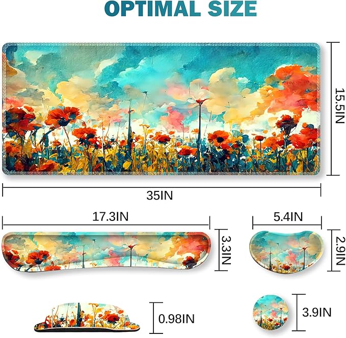 ARTSO Gaming Mouse Pad Wrist Support Set, XXL Large Desk Mat Mousepad + Keyboard Wrist Support+ Mouse Wrist Rest+Coaster 4in1 Ergonomic, Stitched Edge for Home Office -Oil Painting Flowers Plants