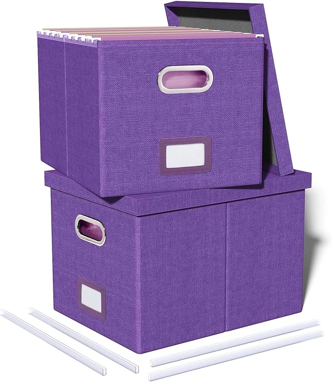 2 Pack File Storage Organizer, Filing Box, Portable File Box with Lid, Fit for Letter/Legal File Folder Storage, Document Organizer, Purple