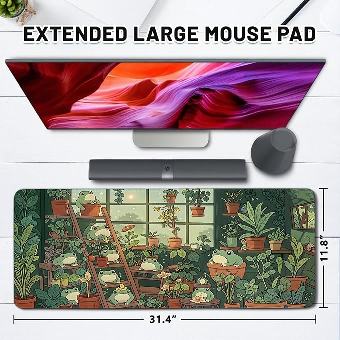Frog Gaming Mouse Pad, Lush Green Nature Theme Mouse Pad, Indoor Frog Mousepad, Whimsical Frog Mousepad, Game Desk Accessories for Boys, Large Desk Mat for Keyboard and Mouse 11.8”x 31.4” XL