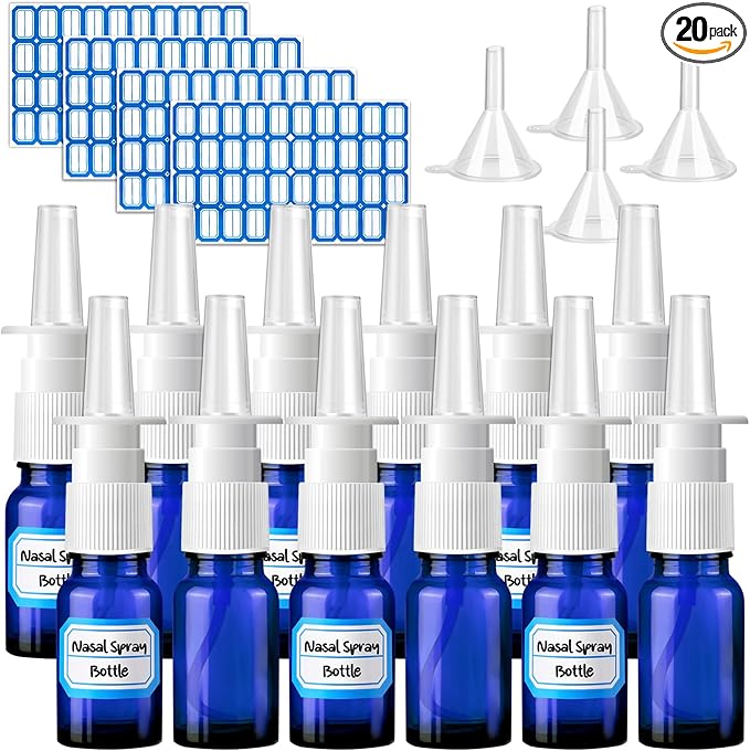 20 Pcs Nasal Spray Bottle, 10ML/0.35OZ 12 Pcs Glass Bule Refillable Empty Nasal Spray Bottles with 4 Pcs Funnels and 4 Pcs Labels