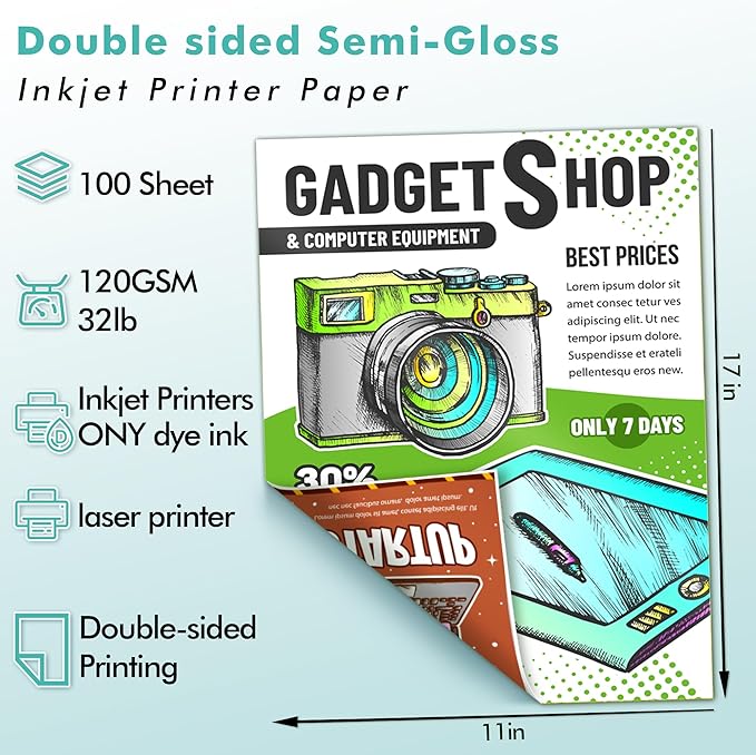 Koala Thin Double Sided Semi-Gloss Photo Paper 11X17 Inch 100 Sheets 32LB for Inkjet and Laser Printer for Menu Flyer Print