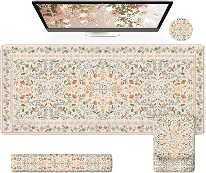 iCasso Mouse Pad with Wrist Rest,Large Desk Mat Set,Ergonomic Keyboard Pad with Wrist Support,Non-Slip Mouse Mat for Women,Cute Floral Computer Mat for Home Office Gaming (Beige)