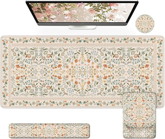 iCasso Mouse Pad with Wrist Rest,Large Desk Mat Set,Ergonomic Keyboard Pad with Wrist Support,Non-Slip Mouse Mat for Women,Cute Floral Computer Mat for Home Office Gaming (Beige)