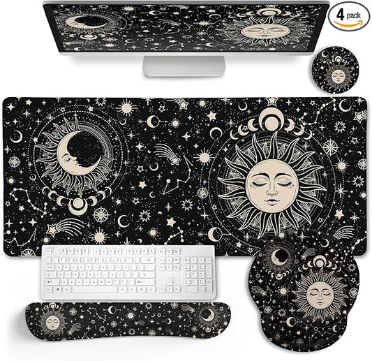 Sun Moon Mouse Pad Set Desk Mat Pad, XXL Large Gaming Mouse Pad with Wrist Rest, Ergonomic Mouse Pad, Keyboard Wrist Rest, Coaster, Home Office Desk Accessories Decor Supplies, Boho Abstract