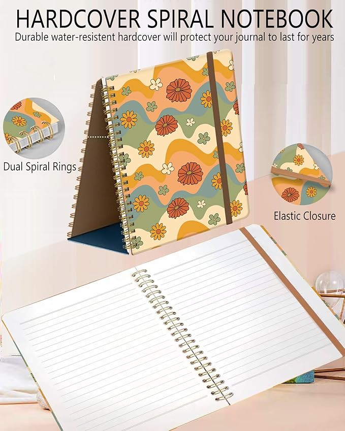 Spiral Journal Notebook, A5 Cute Notebooks for Women Men, College Ruled Hardcover Notebook for Work & Note Taking, 60 Pages Double-Wire Journals for Writing, Retro Boho Flowers