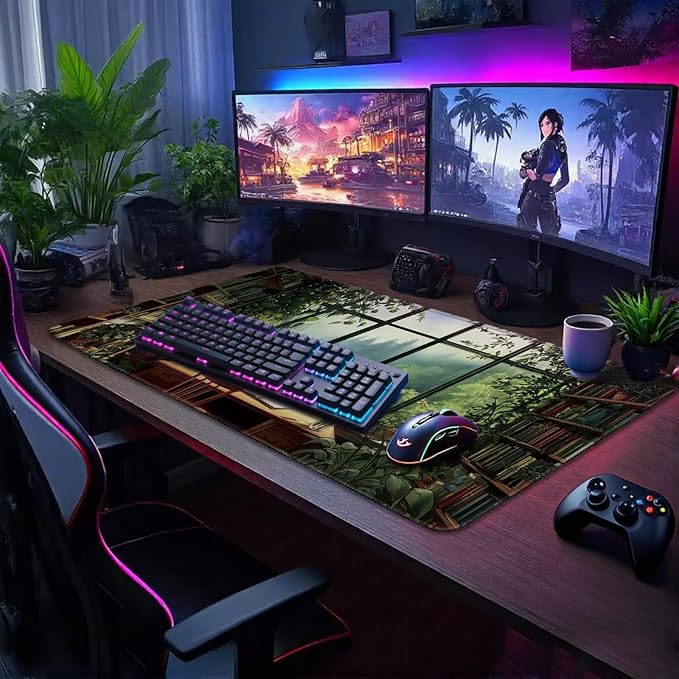 Green Library Study Room Large Gaming Mouse Pad 31.5"x15.7"｜XXL Desk Mat, Non-Slip Rubber Base & Stitched Edges - Extended Waterproof Mousepad for PC/Laptop/Office/Home Decor