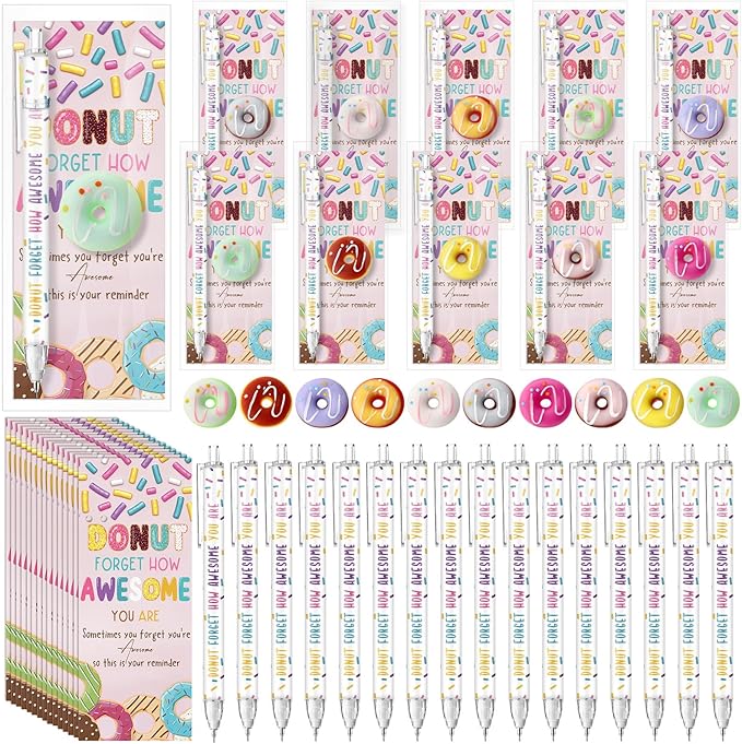 60 Sets Donuts Gifts Bulk Christmas Prizes Donuts Party Favors Inspirational Mechanical Pencil Stress Ball and Awesome Cards Christmas Office Staff Gifts for Employee Coworkers Team Group