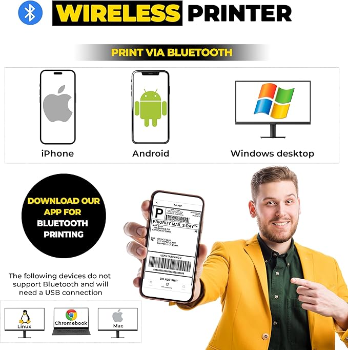 Label Printer, Bluetooth Thermal Printer, 4x6 Shipping Label Printer, Thermal Label Printer Desktop or Phone, Compatible with iPhone, Android, Windows, Mac, Chromebook, Amazon, Ebay, UPS.USPS (Black)