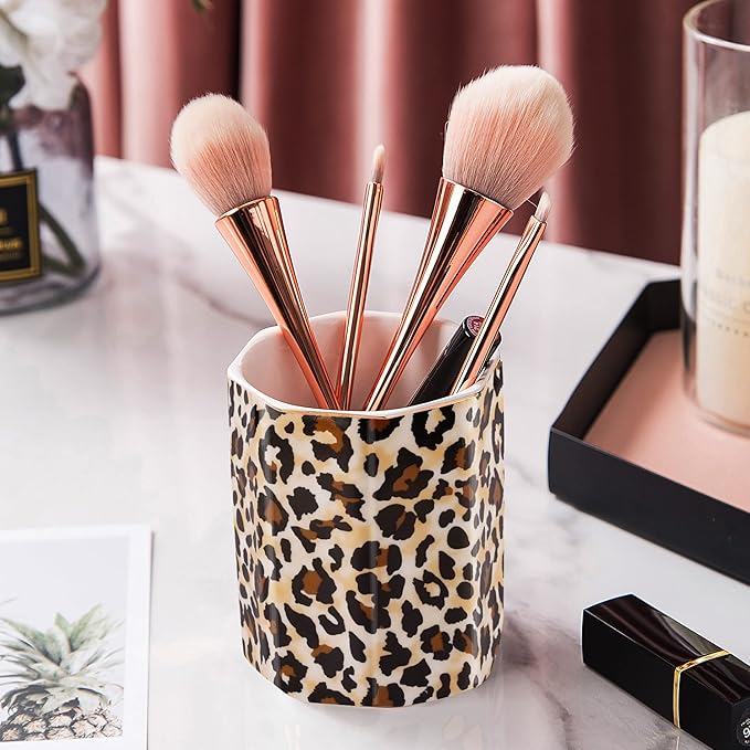 Jwest Pen Holder, Makeup Brush Holder Ceramic Shiny Gold Leopard Cheetah Pattern Animal Pencil Cup for Girls Women Durable Stand Desk Organizer Storage Gift for Office, Classroom, Home Light Brown