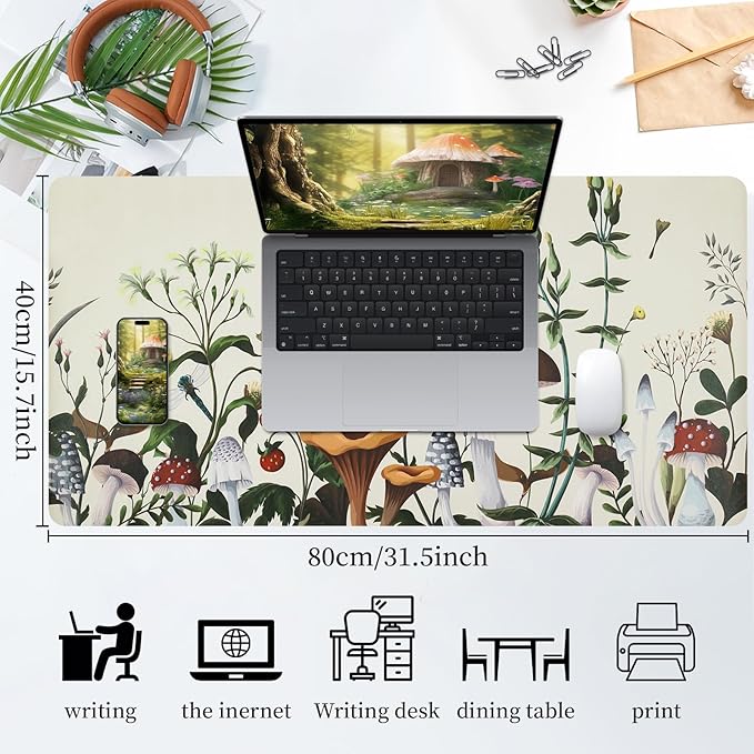 Bloss Plant Mushroom Desks Pad,Large Mouse Pad for Desktop, Leather Floral Desk Mat for Keyboard and Mouse,Waterproof Computer Laptop Desk Protector Mat for Office/Home/Women Gift,White 31.5" x 15.7"