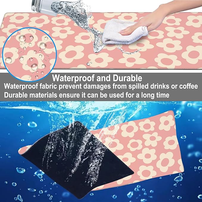 Mouse Pad, Large Pink Groovy Flowers Desk Mat, Extended Non-Slip Gaming Keyboard Mousepad Desk Pad, Thick Stitched Edges Waterproof Mouse Mat 31.5"x15.7" (Vintage Floral)