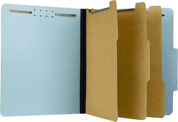 The File King Three Divider Pressboard Classification Light Blue File Folder - Letter Size | Box of 10 | 2/5 ROC Top Tab | 3” Expansion | Eight 2-Inch Fastener Prongs | Made in USA