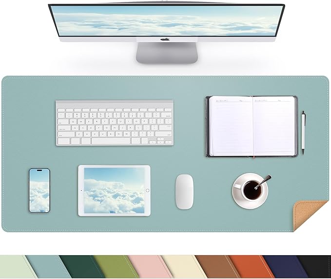 Leather Desk pad Protector, Large Desk mat with Natural Cork & PU Leather,Mouse pad,Non-Slip Office Desk Mat,Waterproof Desk Writing Pad for Office and Home (35in*17in, Light Blue)