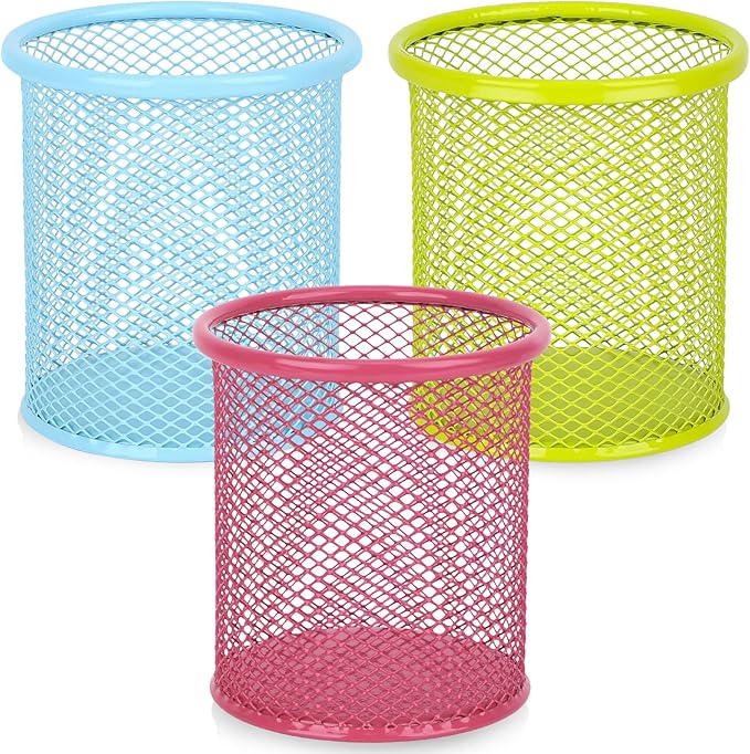 Segarty Pen Cup, 3 Pack Assorted Colors Round Pen Holder for Desk, Wire Mesh Pencil Cups Holder Desktop Accessories Organizer for Office Supplies, School, Home, Makeup Brush (Light Blue Pink Green)