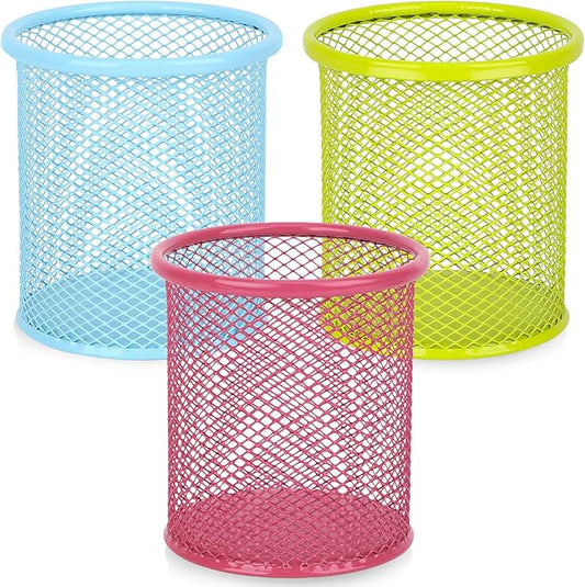 Segarty Pen Cup, 3 Pack Assorted Colors Round Pen Holder for Desk, Wire Mesh Pencil Cups Holder Desktop Accessories Organizer for Office Supplies, School, Home, Makeup Brush (Light Blue Pink Green)