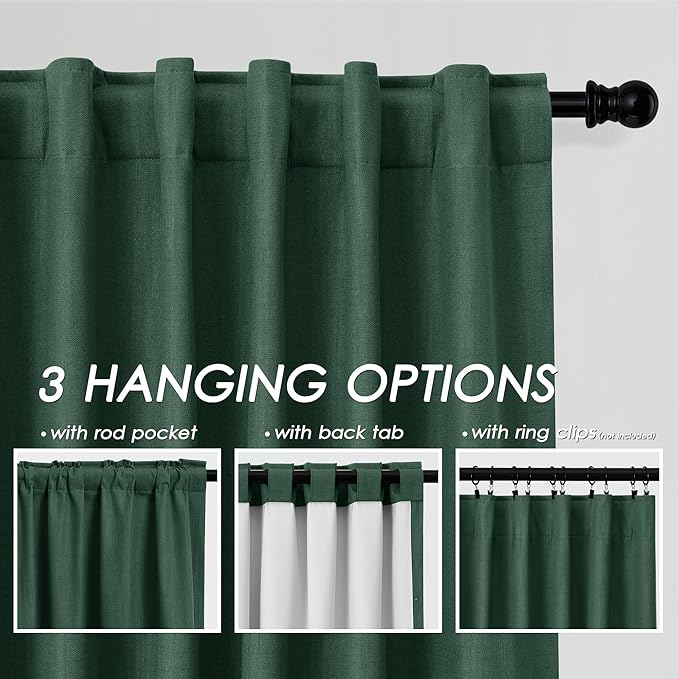 Nanspring Green 100% Blackout Curtains 63 inches Long for Bedroom Boho Farmhouse Back Tab Rod Pocket Thermal Insulated Textured Short Room Darkening Curtains 2 Panels Set 52x63 Inches