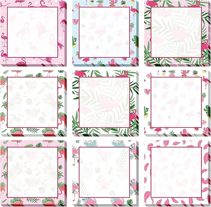 9 Pieces Summer Flamingos Sticky Notes 3x3 Inch Adhesive Summer Flamingos Memo Notes Self-Stick Note Pads for School Office Home Supplies Students Teachers Present