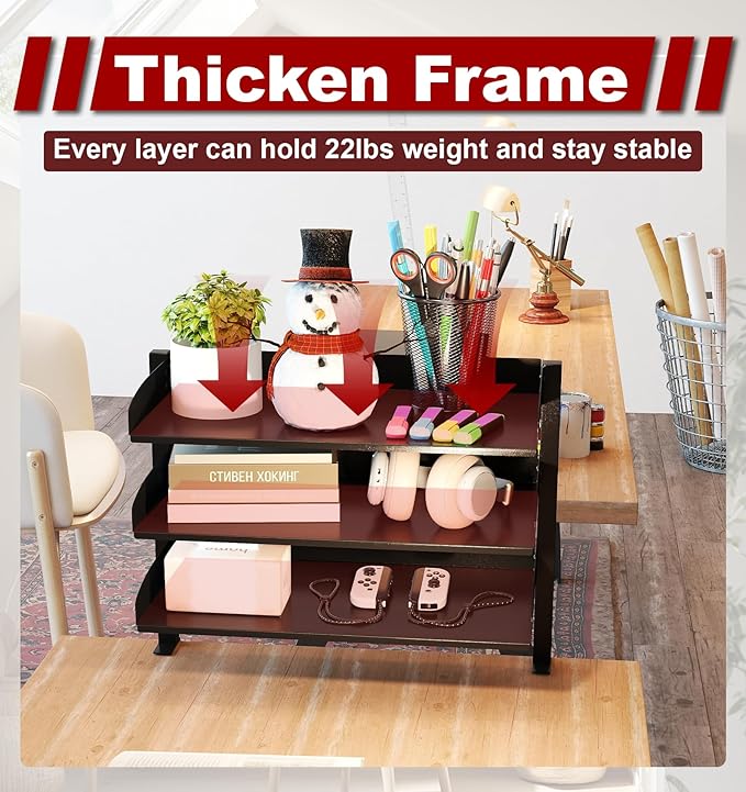 3 Tier Clamp On Desk Organizer Shelf,Large Clip Desktop or Under-Desk Adjustable Metal Storage Tray, Computer Table Organizer for Office Desk