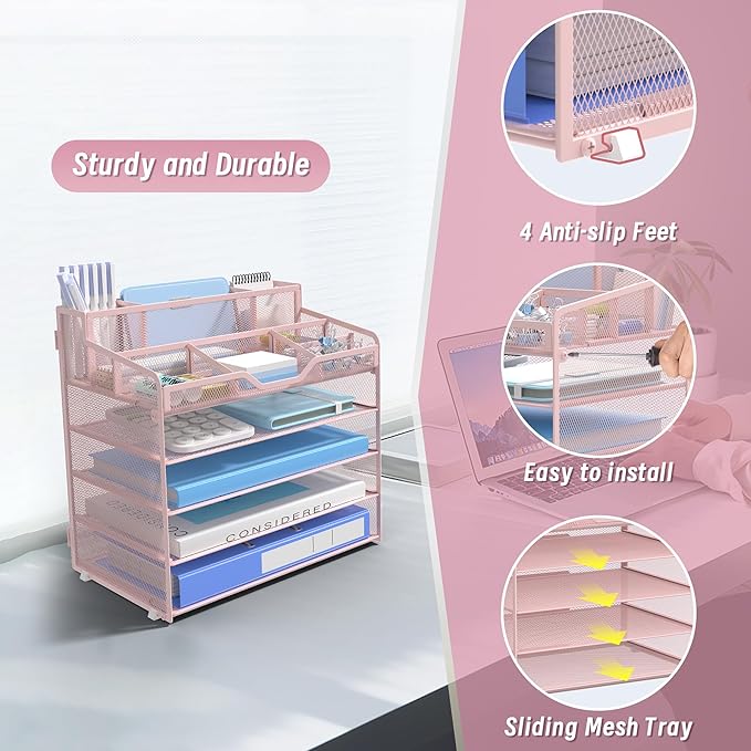 5 Tier Mesh Desk Organizer,Multi Functional Letter Paper Tray with 3 Pen Holders and 5 Adjustable Storage Compartments for Office Supplies Files and Mail Space Saving Desktop Organizer-Pink