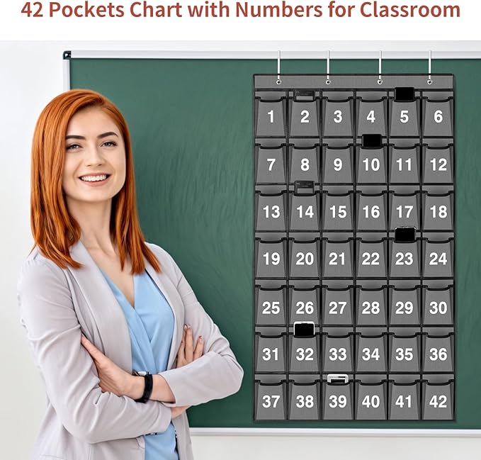 42 Pockets Numbered Classroom Pocket Chart for Cell Phones, Hanging Pocket Chart Storage for Classroom Phone Calculator Holder with 4 Hooks and 42 Clear Numbers Printing (Grey-42pockets)