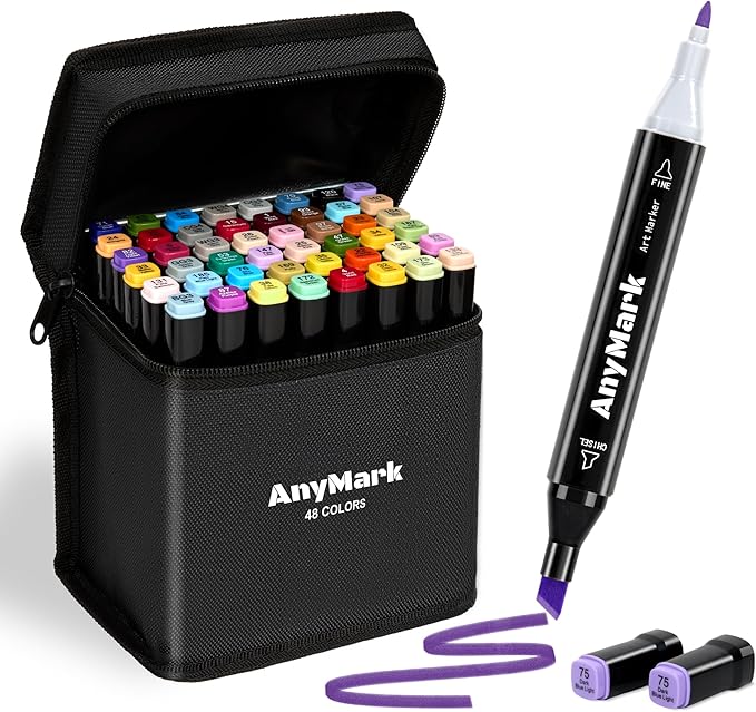 AnyMark Alcohol Markers, 48 Colors Dual Tip Art Coloring Markers Set for Kids Adult Book Drawing Sketching Painting, Chisel & Fine, Black Penholder