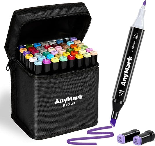 AnyMark Alcohol Markers, 48 Colors Dual Tip Art Coloring Markers Set for Kids Adult Book Drawing Sketching Painting, Chisel & Fine, Black Penholder