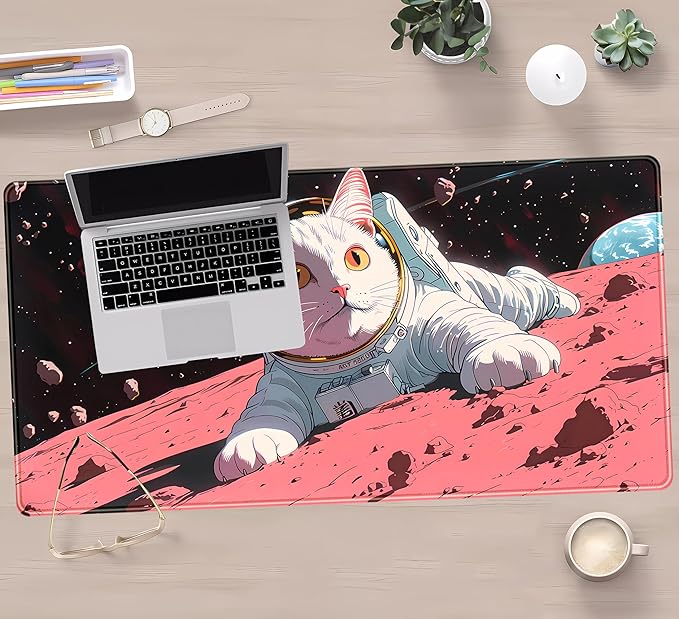 Cat Desk Mat Full Desk Mouse Pad Gaming Mat XXL, Fun Desktop Mats Computer Keyboard Pad Extra Large Mouse Mat, Laptop Mat with Stitched Edges, Office & Home Decor for Women 31.5" x 15.7"