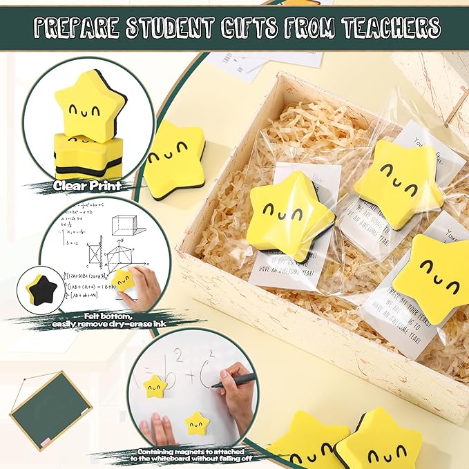 Lincia 24 Sets Smile Face Magnetic Dry Erase Whiteboard Erasers with Motivational Cards and Bags Gifts Bulk for Classroom Prize Teachers