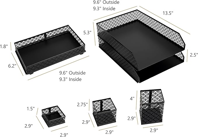 BLU MONACO Black Desk Organizer Set for Women – 6-Piece Interlocking Office Supplies Set, Pen Cup, 3 Accessory Trays & 2 Letter Trays, Black Stackable Paper Tray Holder