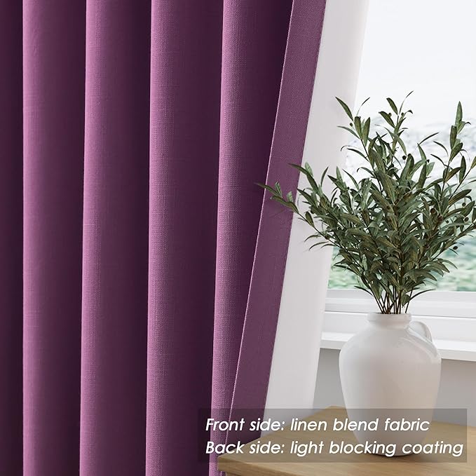 100% Blackout Linen Curtains 102 Inches Long 2 Panels Set for Bedroom Purple Back Tab Black Out Curtain Modern Urban Noise Cancelling Total Light Blocking Window Curtains 102 Length 52X102 Inches