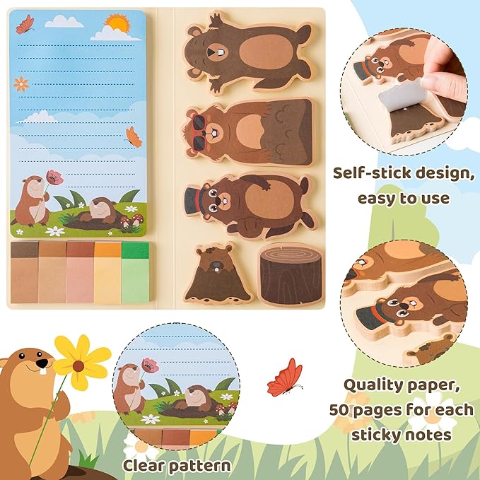 Xqumoi I Just Really Like Groundhog Sticky Notes Set - Cute Animal Self-Stick Note Pads Divider Tabs Bundle Writing Memo Pad Page Marker Back to School Office Supplies Groundhog Day Party Favor Gift
