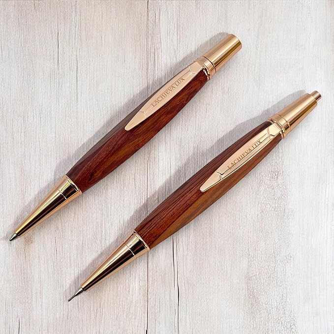 LACHIEVA LUX Rosewood Ballpoint Pen and Mechanical Pencil Set – Triangle Grip, Luxury Gift for Men and Women, Includes Refills and Gift Box