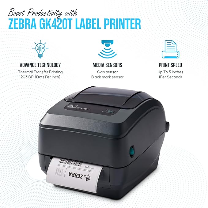 GK420T Zebra Thermal Transfer Monochrome Desktop Printer for Labels, Receipts, Barcodes, Tags, and Wrist Bands - with USB, Ethernet Port Connectivity & Microfiber Cleaning Cloth