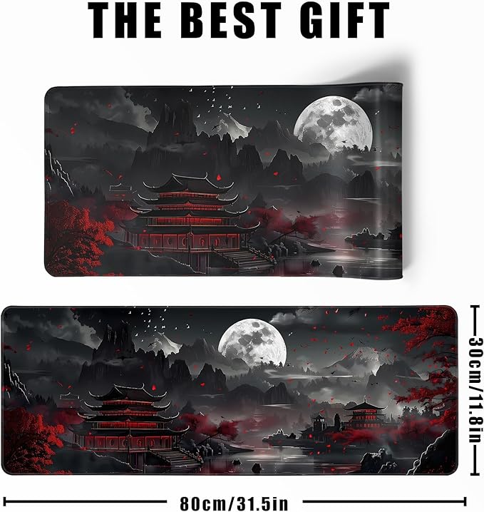 Japanese Desk Mat Riverside Full Moon Large Mouse Pad Gaming Mousepad Extended XL Keyboard Mat Computer Laptop Mouse Desktop Mat 31.5 X 11.8 Desk Decor