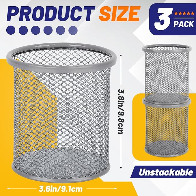 Segarty Pen Holder for Desk, 3 Pack Round Silver Pen Holder, Wire Mesh Pencil Cup Holder Containers Set, Desktop Organizer for Office Supplies, School Classroom, Home, Makeup Brush
