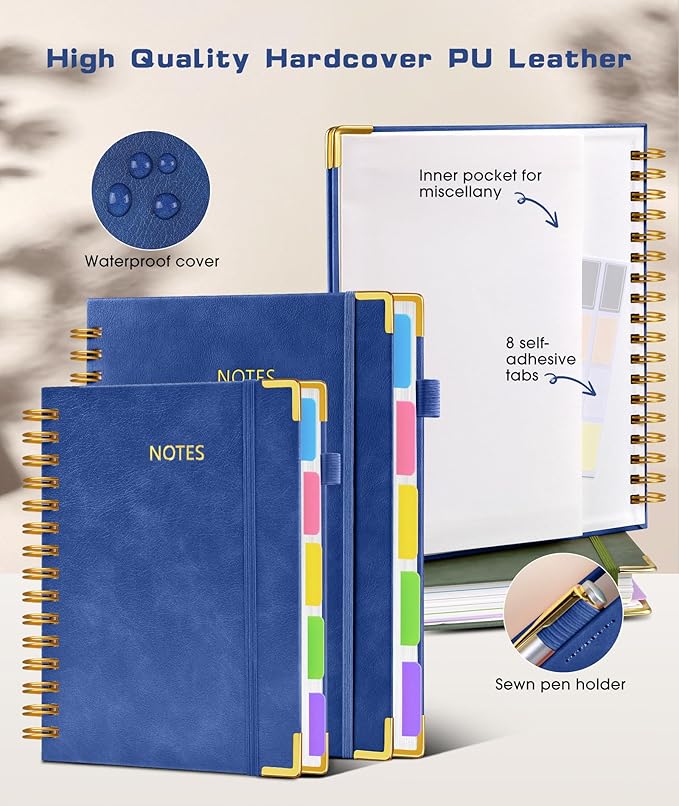 Hardcover Spiral Notebook journal with Removable Dividers Tabs, 300 Pages Leather 5 Subject Notebook College Ruled, 100GMS A5 Notebooks for Work School Note taking,Lined Journal for Women,A5 Navy
