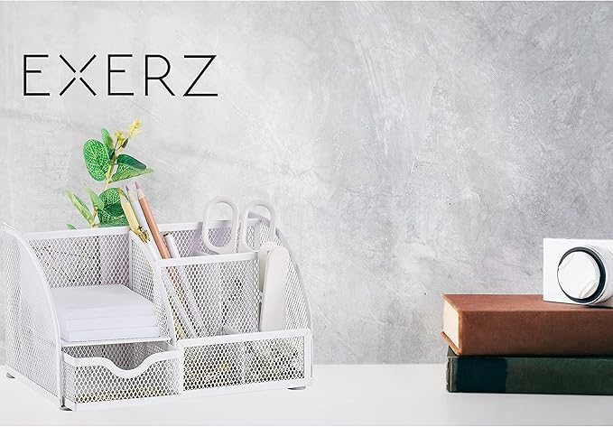 Exerz Desk Organizer White Office Desk Accessories Supplies Office Storage Desktop Pencil Pen Holder with Drawer Home Workspace