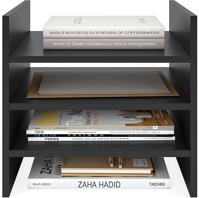 Ballucci 4-Tier Paper Sorter and File Organizer for Desk, Wood Mail Sorter, Fits into IKEA Kalax and ClosetMaid Cube Storage Shelves, Paper Tray, Mail Holder Stand for Classroom, Office, Black