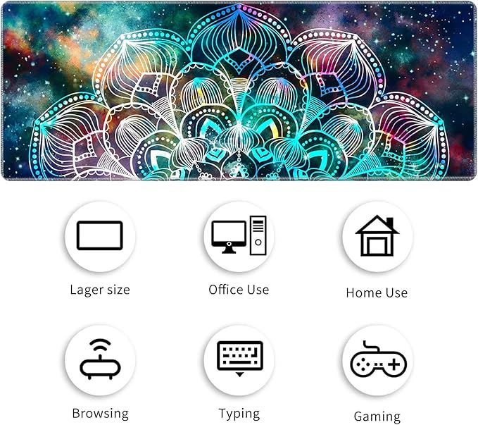 Large Gaming Mouse Pad with Stitched Edges, Desk Pad Protector, Computer Keyboard Mouse Mat Non-Slip Cute Desk Decor for Home/Office/Study Accessories+ Coaster and Stickers, Mandala Art