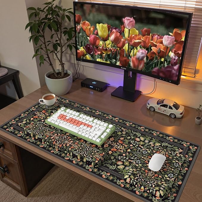 iCasso Mouse Pad with Wrist Rest,Large Desk Mat Set,Ergonomic Keyboard Pad with Wrist Support,Non-Slip Mouse Mat for Women,Cute Floral Computer Mat for Home Office Gaming (Black)