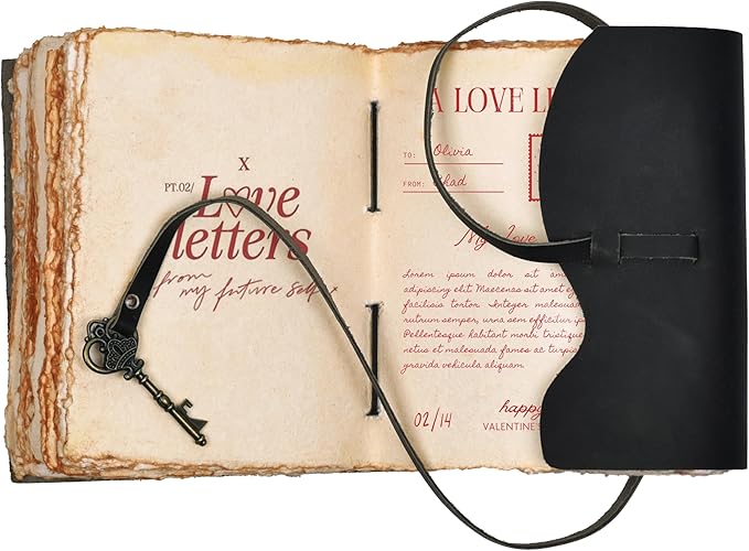 LEATHER VILLAGE Vintage Leather Journal – 200 Handmade Vintage Deckle Edge Paper – Leather bound Journal For Women Men – Vintage Key Closure - Book of Shadows - Black - 13X8 inch