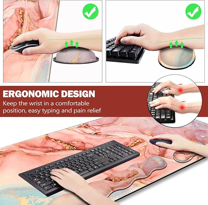 Upgraded Extended Gaming Mouse Pad, Keyboard Wrist Rest Pad, Wrist Support Mousepad Set, Artso Large Stable Rubber Base Stitched Edges, Multifunctional Desk Pad 35 x15.5 in, Abstract Pink Marble