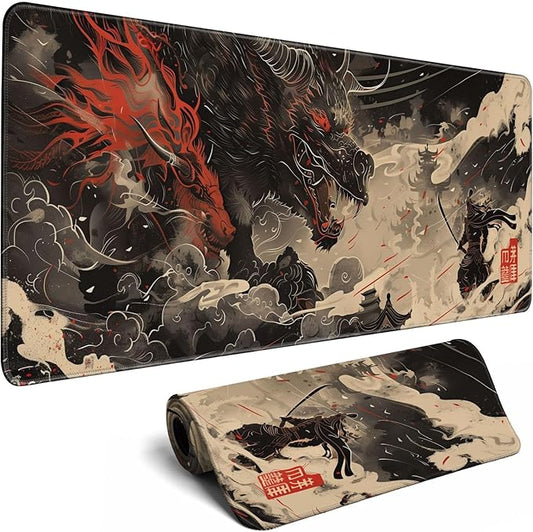 Huge Demon Large Mouse Pad Japanese Ukiyo-e Mousepad Samurai Desk Mat, Big Full Keyboard and Mouse Pad Cool Desk Pad for Keyboard Mouse with Stitched Edges Anti-Slip Funny Desk Pad, 31.5 X 11.8