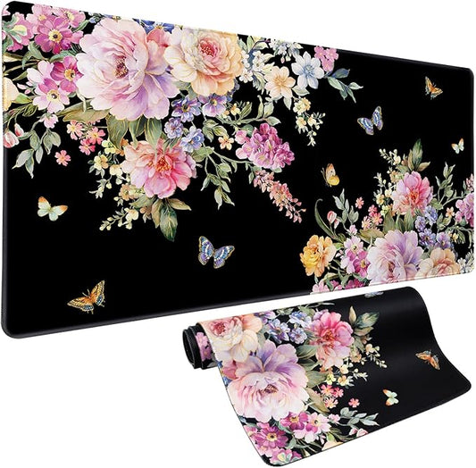 Vimorco Desk Mat Mouse Pad Butterfly Flower, Pink Floral XXL Extended Large Gaming Desk Pad Mousepad, Black Computer Laptop Keyboard Mouse Mat for Women Girls Work, Game, Office, Home 31.5x15.7 in