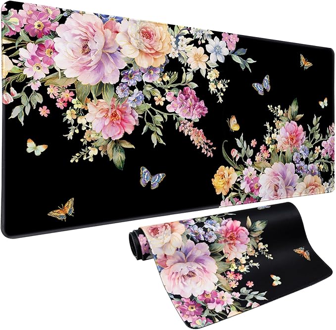 Desk Mat Mouse Pad Butterfly Flower, 35.4x15.7 in Pink Floral XXXL Extended Large Gaming Desk Pad Mousepad, Waterproof Black Computer Laptop Keyboard Mat for Women Girls Work, Game, Office, Home