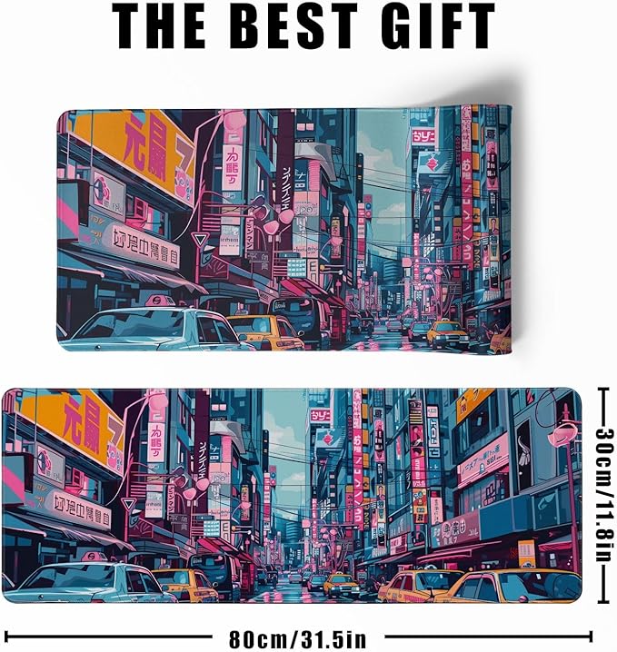 Japanese Mouse Pad Desk Pad 80s City Desk Decor Mat, Large Gaming Mouse Pad for Desk Computer Keyboard Laptop, Desk Decor Home Office Accessories (31.5x11.8 in)-with Stitched Eges Pad